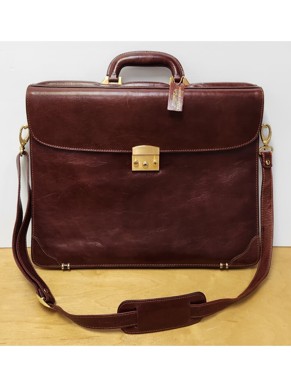 Bellino Brown Genuine Leather Briefcase Messenger Bag Brass Lock Satchel Vintage